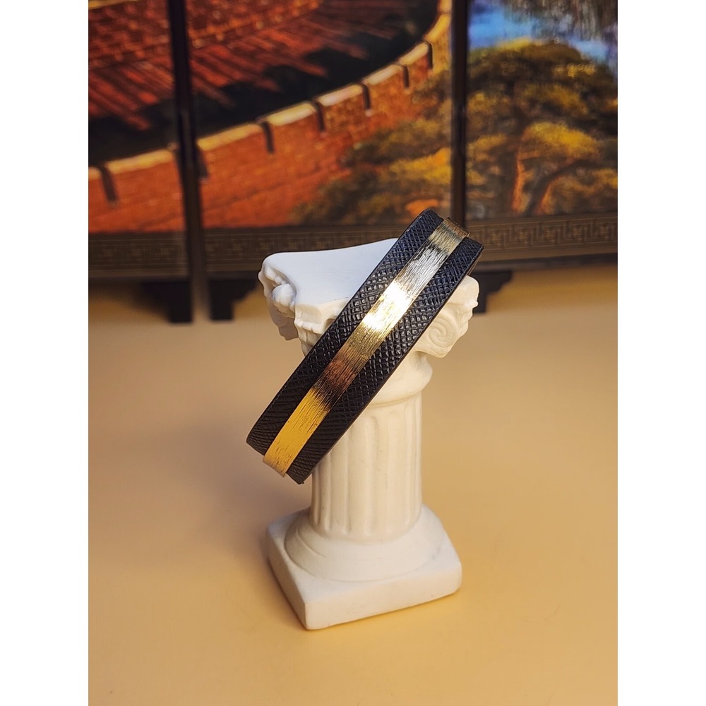 MARLYN SCHIFF Signed Gold Tone‎ Over Black Leather Cuff Bracelet FREE $HIPPING!!